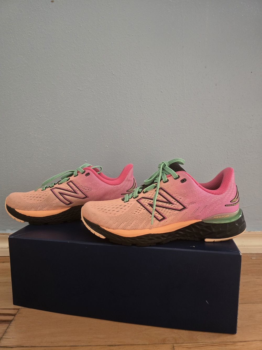 New Balance Women's Pink Gradient Running Shoes with Mint Laces